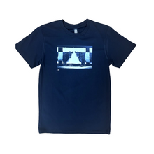 Load image into Gallery viewer, Black tee shirt with two cows standing in front of sheets on a clothesline.