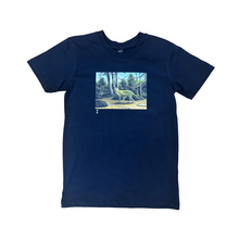 Load image into Gallery viewer, Black tee shirt with image of decorated green Thylacine in bush landscape.