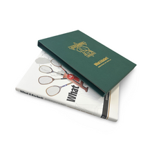Load image into Gallery viewer, Green book cover with a logo on top of a book titled 'What a racket' on a white background
