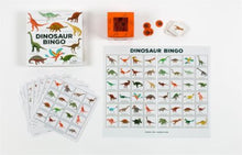 Load image into Gallery viewer, Illustrated dinosaurs bingo game board, cards and counters.