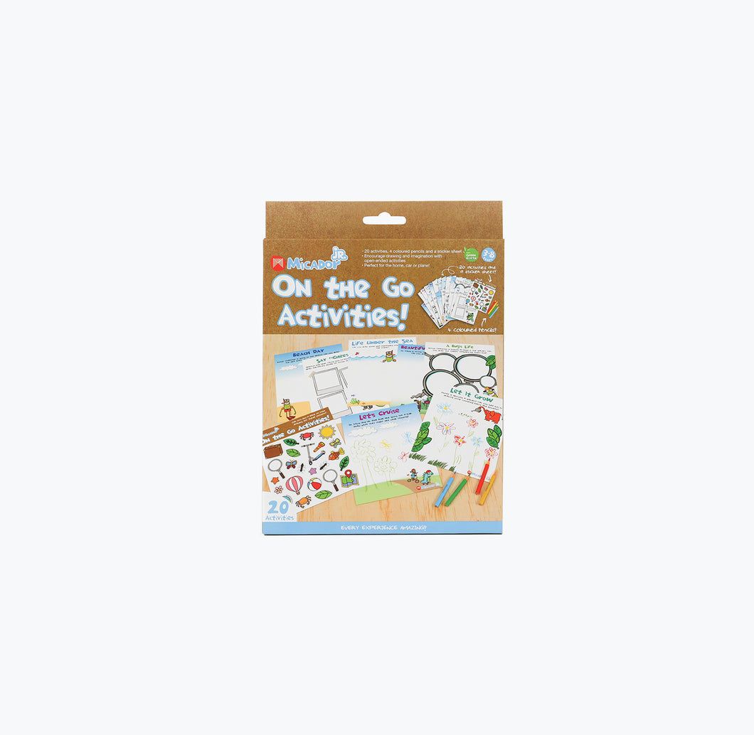 Packaging of 'On the Go Activities' educational kit with colorful illustrations on a white background.