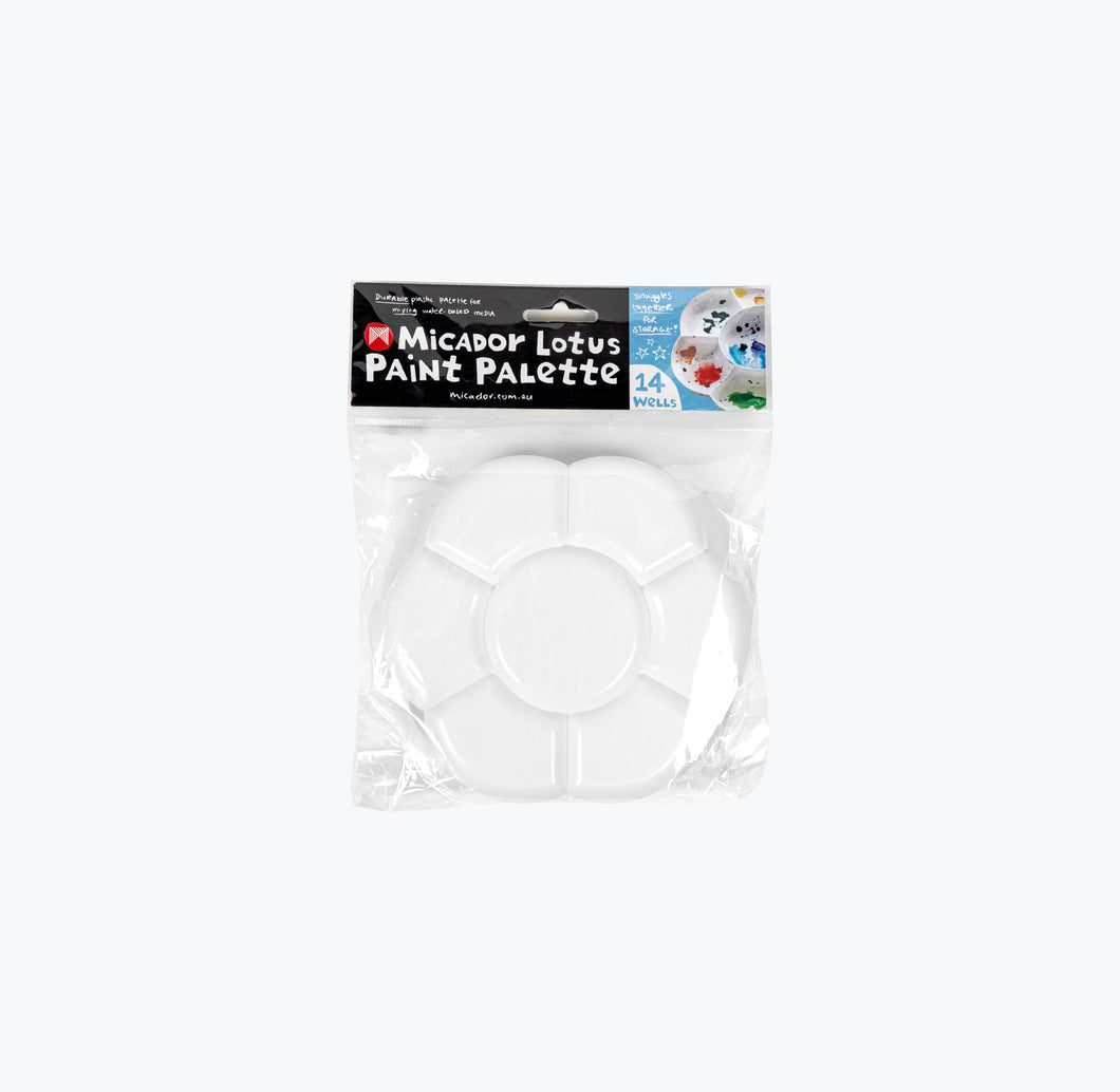 Plastic Micador lotus shape paint palette on a white background