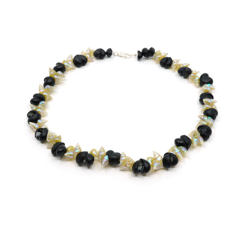 Maireener and black crow shell necklace with silver clasp.