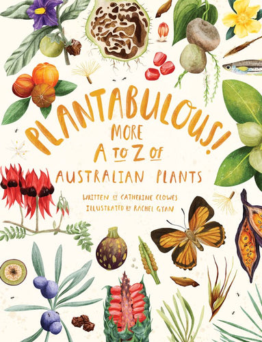 Colourful illustrations of Australian plants, fruits and butterfly.