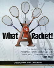 Load image into Gallery viewer, Book cover of &#39;What A Racket!&#39; with vintage badminton rackets and a ribbon on a light gray background.
