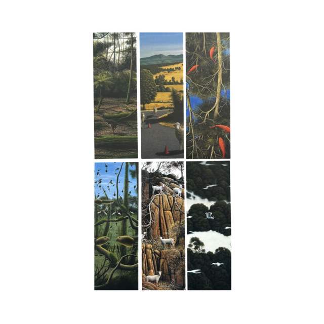 Images of sheep, fish and bush scenery on bookmarks.