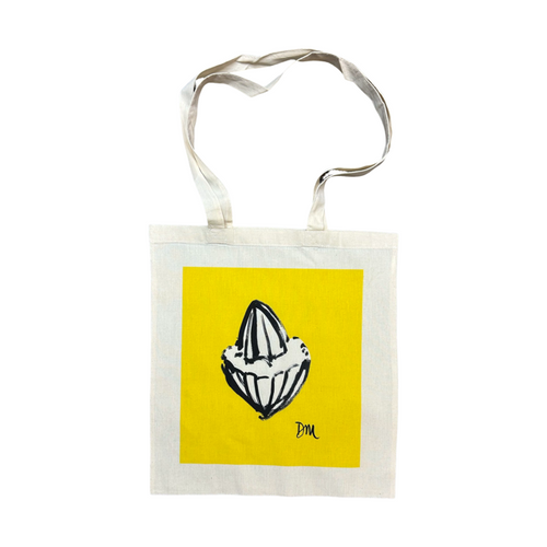 Black and white illustration of lemon squeezer with yellow background, on calico bag. 
