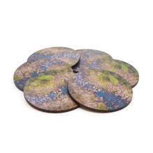 Load image into Gallery viewer, Set of six round wood coasters with nature-themed design on a white background
