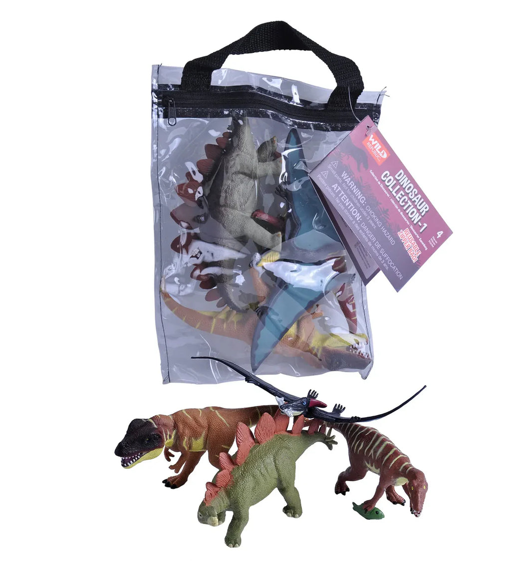 Set of dinosaur figurines with a clear bag packaging on a white background