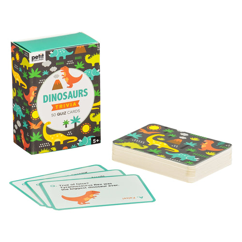 Dinosaurs trivia card game with packaging and cards with dinosaur illustrations on a white background