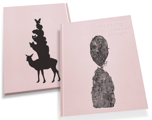 Two pink books with black and white illustrations on a white background
