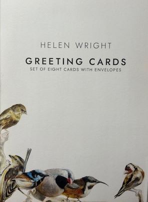 Set of eight greeting cards by Helen Wright, on a light grey background, featuring illustrations of birds by 