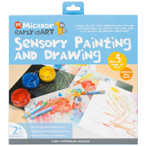 Micador Early Start Sensory Painting and Drawing kit packaging with colorful materials and text.
