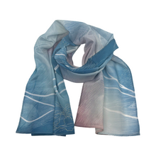 Load image into Gallery viewer, Illustrated line drawn silk scarf in blues and pinks.
