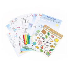 Load image into Gallery viewer, Educational activity sheets with colourful pencils and stickers on a white background
