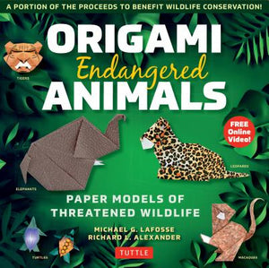 Images of origami animals with a green leafy background.