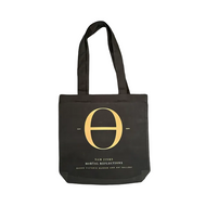 Black tote bag with gold letter 'O' and text on a white background