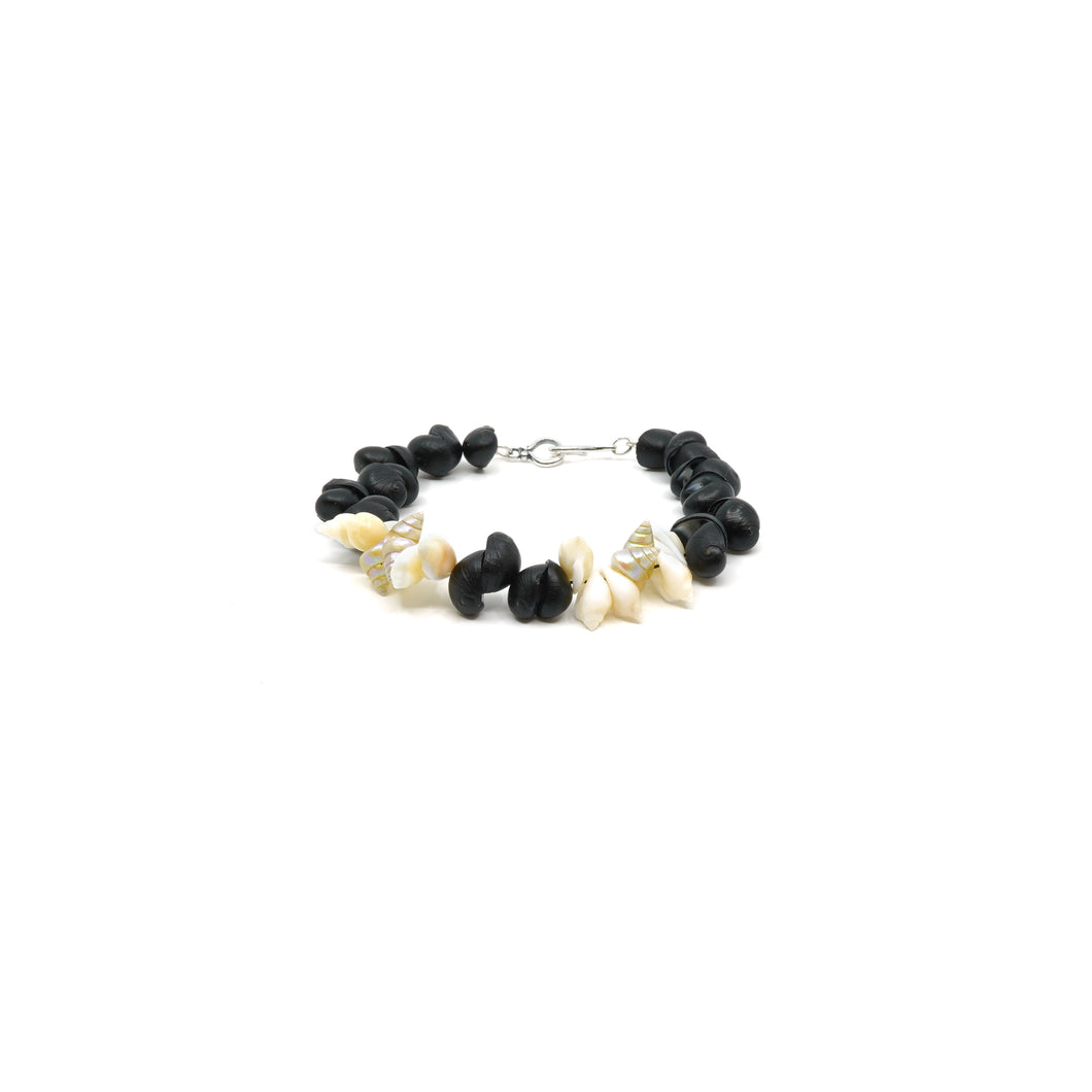 Maireener, penguin and black crow shell bracelet with silver clasp.