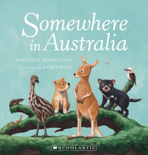Illustrations of Australian animals and marsupials on a tree log.