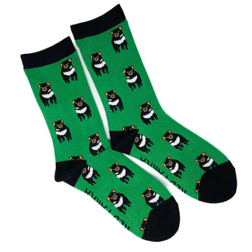 Green and black socks with Tasmanian Devil pictures.