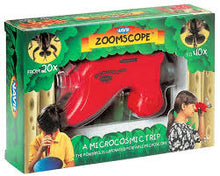 Load image into Gallery viewer, Zoomscope toy microscope packaging with red scope and green box
