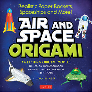 Space themed origami models on blue background.