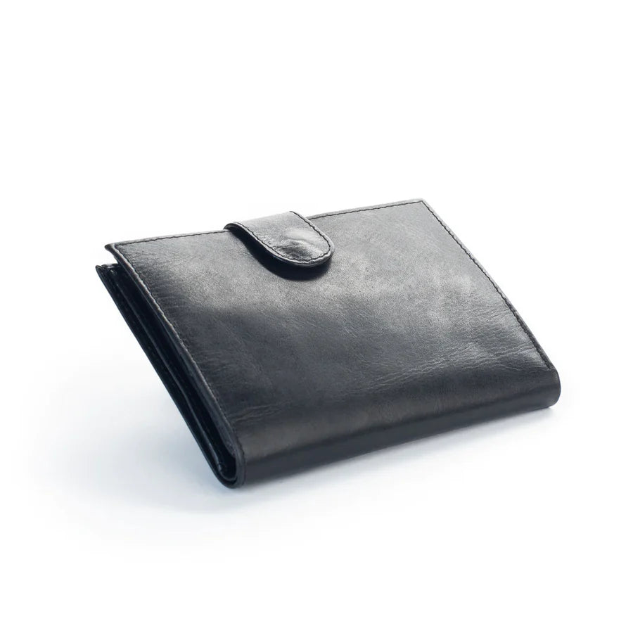 Black leather wallet with a button fastener.