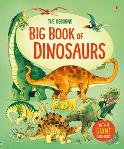 Illustrations of a variety of dinosaurs with a green background.
