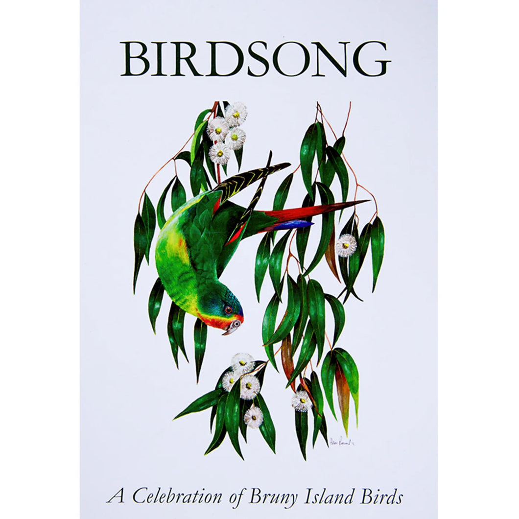 Book cover of 'Birdsong' with a parrot and eucalyptus leaves on a light blue background