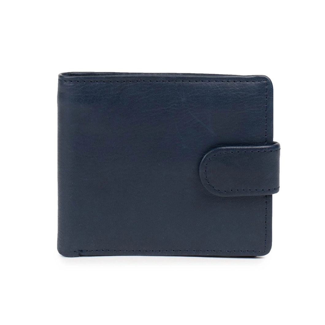 A blue leather wallet with button fastener.