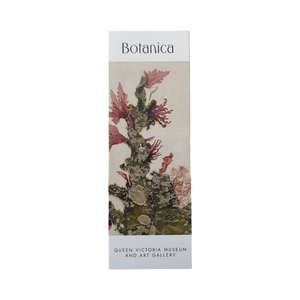 Cardboard bookmark with seaweed specimen, pink and natural colours.