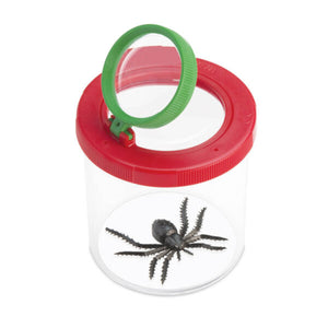 A black plastic spider in a clear container with a red and green lid.