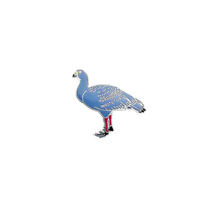 Enamel pin featuring blue coloured goose with red legs and black feet.