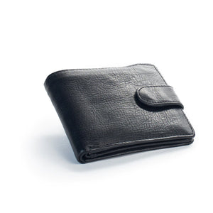 Black leather wallet with button fastener.