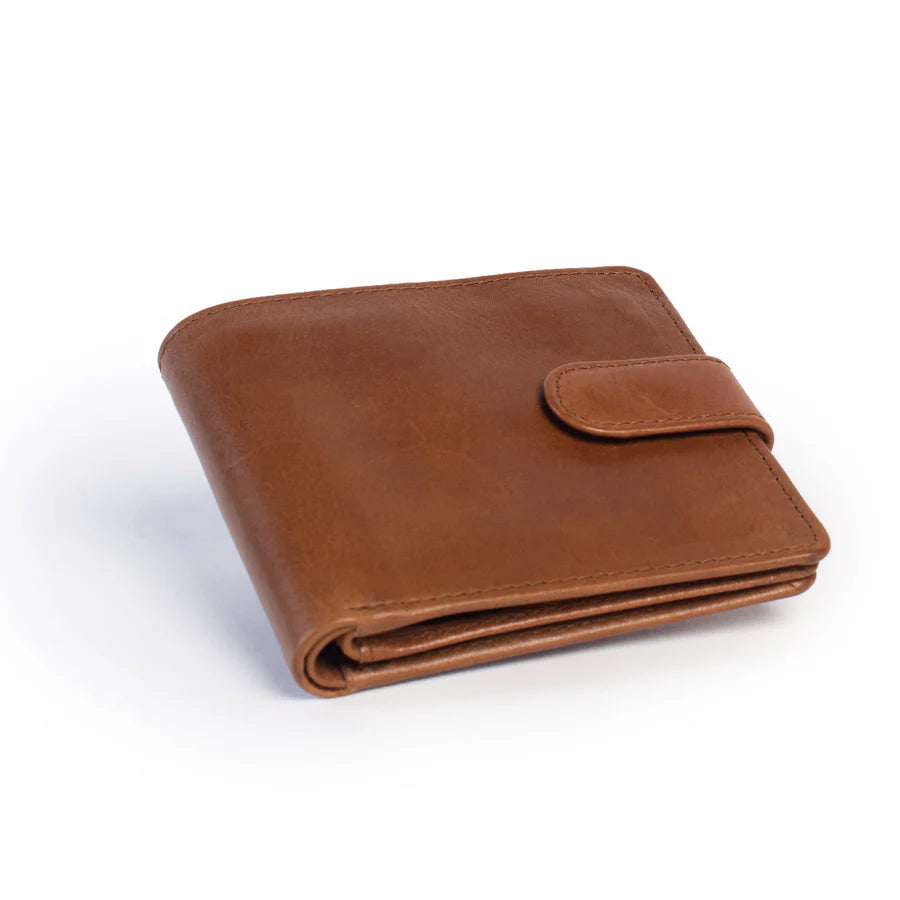 A tan leather wallet with button fastener.