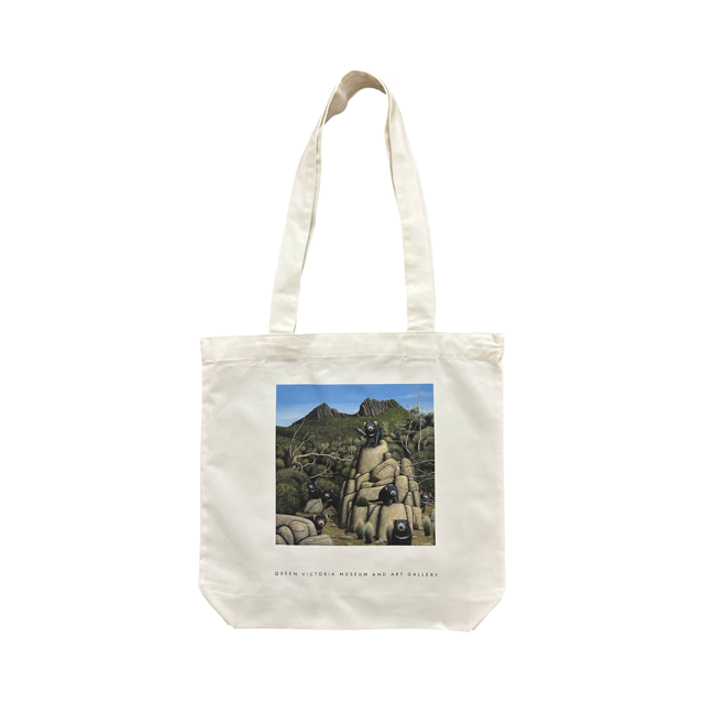 Tote bag with Tasmanian devils sitting in the bush and on rocks.