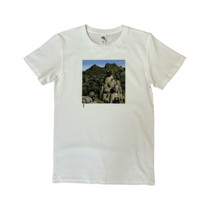 White t-shirt with Tasmanian Devils sitting in the bush and on rocks.