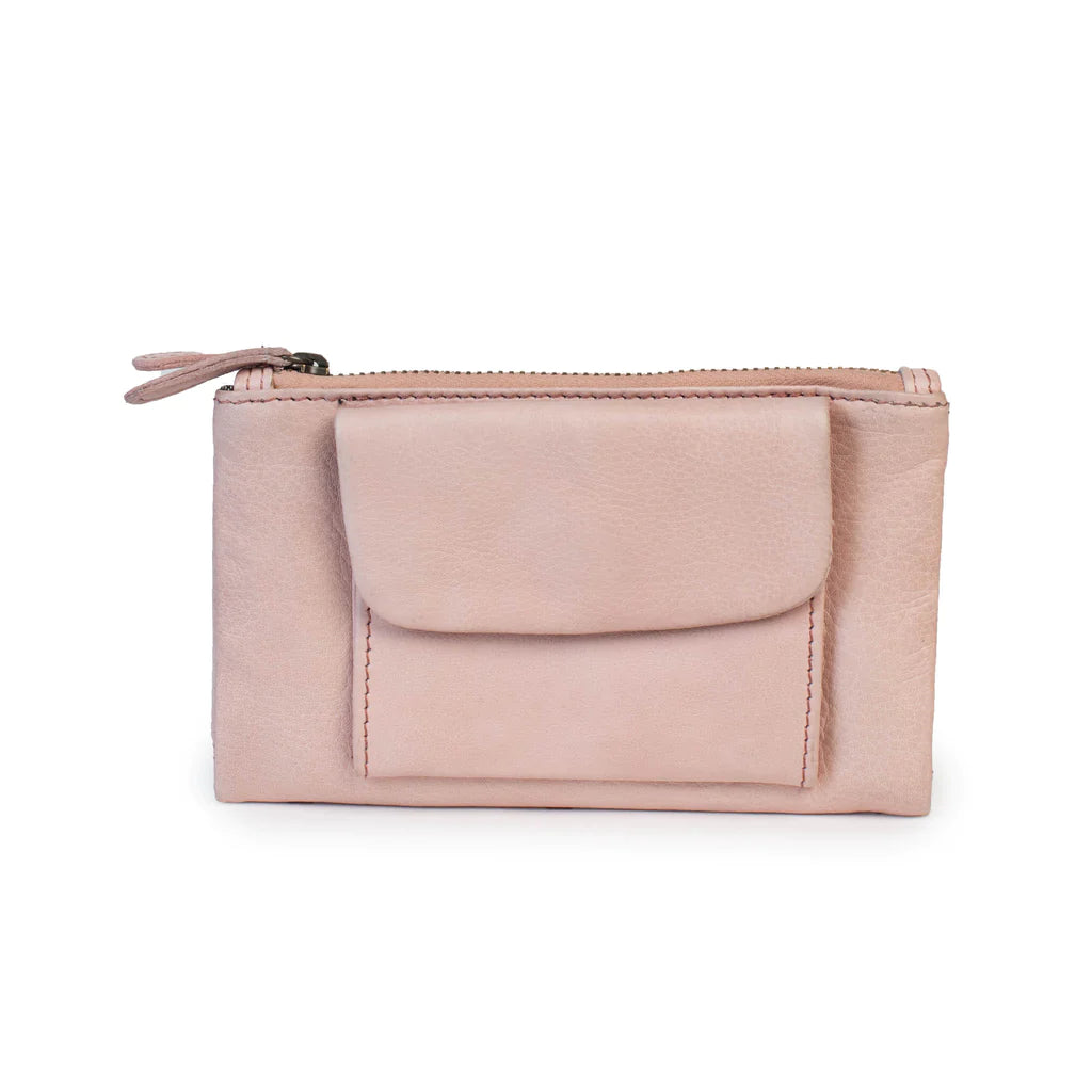 A dusky pink leather wallet.