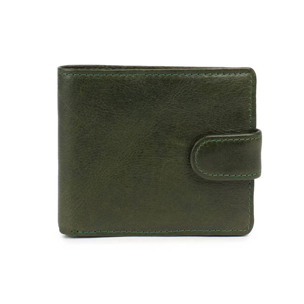 A green leather wallet with leather fastener.