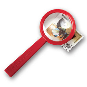 Red magnifier lens with butterfly stamp.