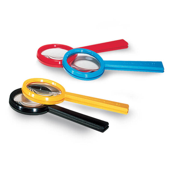 Black, red, blue and yellow plastic magnifying lens.