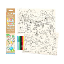 Load image into Gallery viewer, Coloring placemats with animal illustrations and markers on a white background
