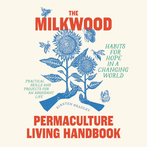 Book cover of 'The Milkwood Permaculture Living Handbook' with blue sunflowers and text on a white background.