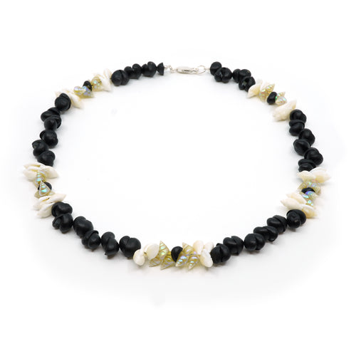 Maireener, penguin and black crow shell necklace with silver clasp.