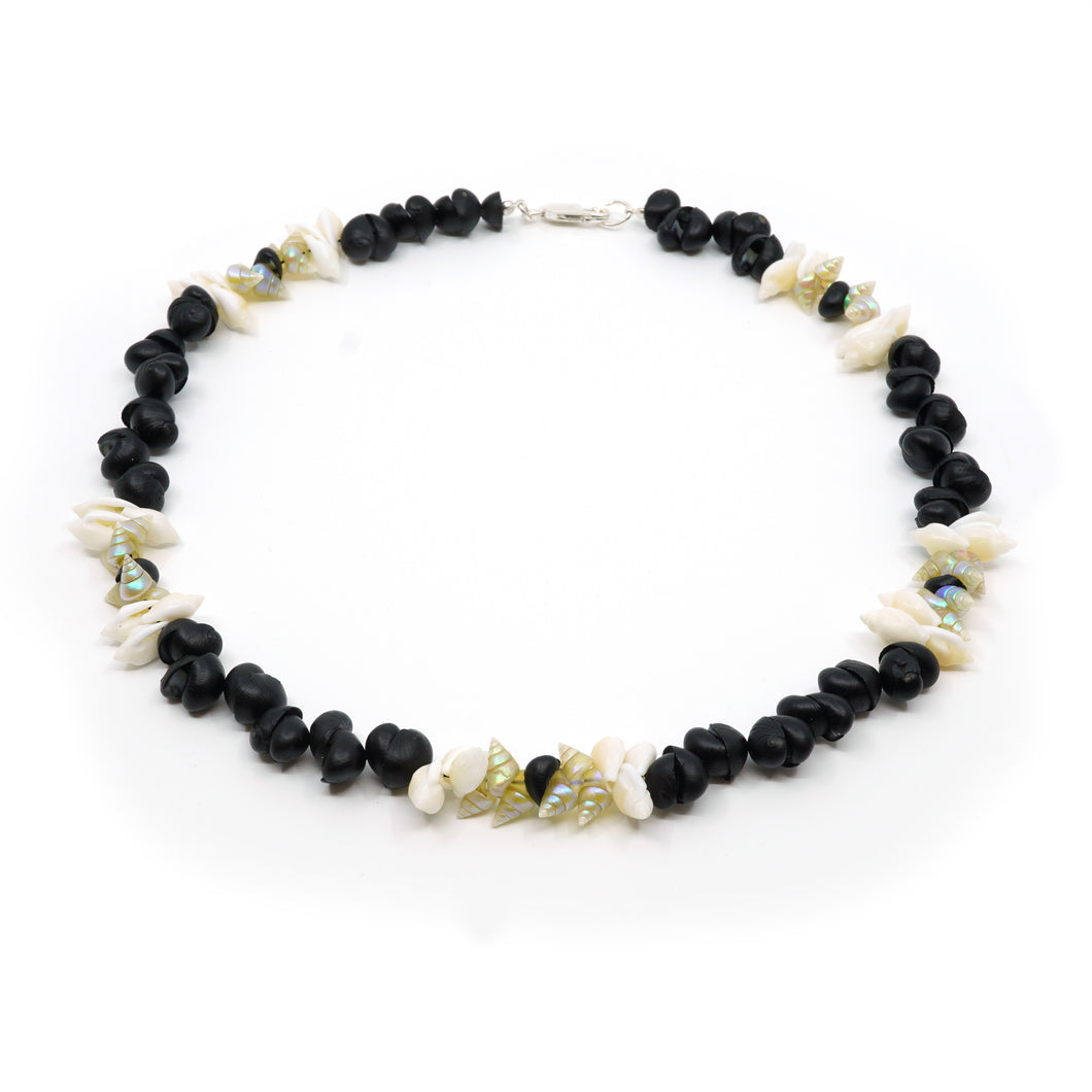 Maireener, penguin and black crow shell necklace with silver clasp.