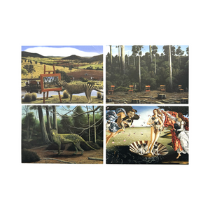 Images of thylacines, chairs, ladies and dogs on post cards.