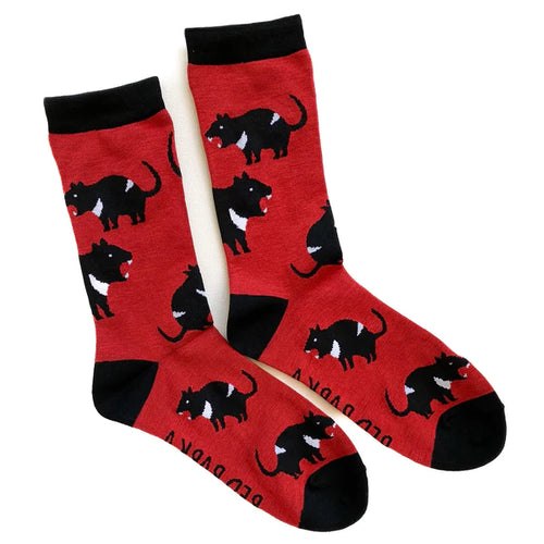 Red socks with black Tasmanian Devils.