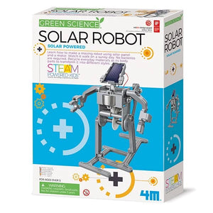 White box with robot, powered by solar panel.