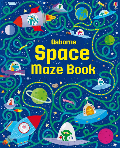 Colourful illustration of a large maze weaving around space objects  with a blue background.