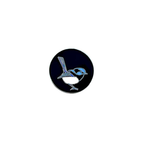 Black round enamel pin with illustrated blue and black bird.